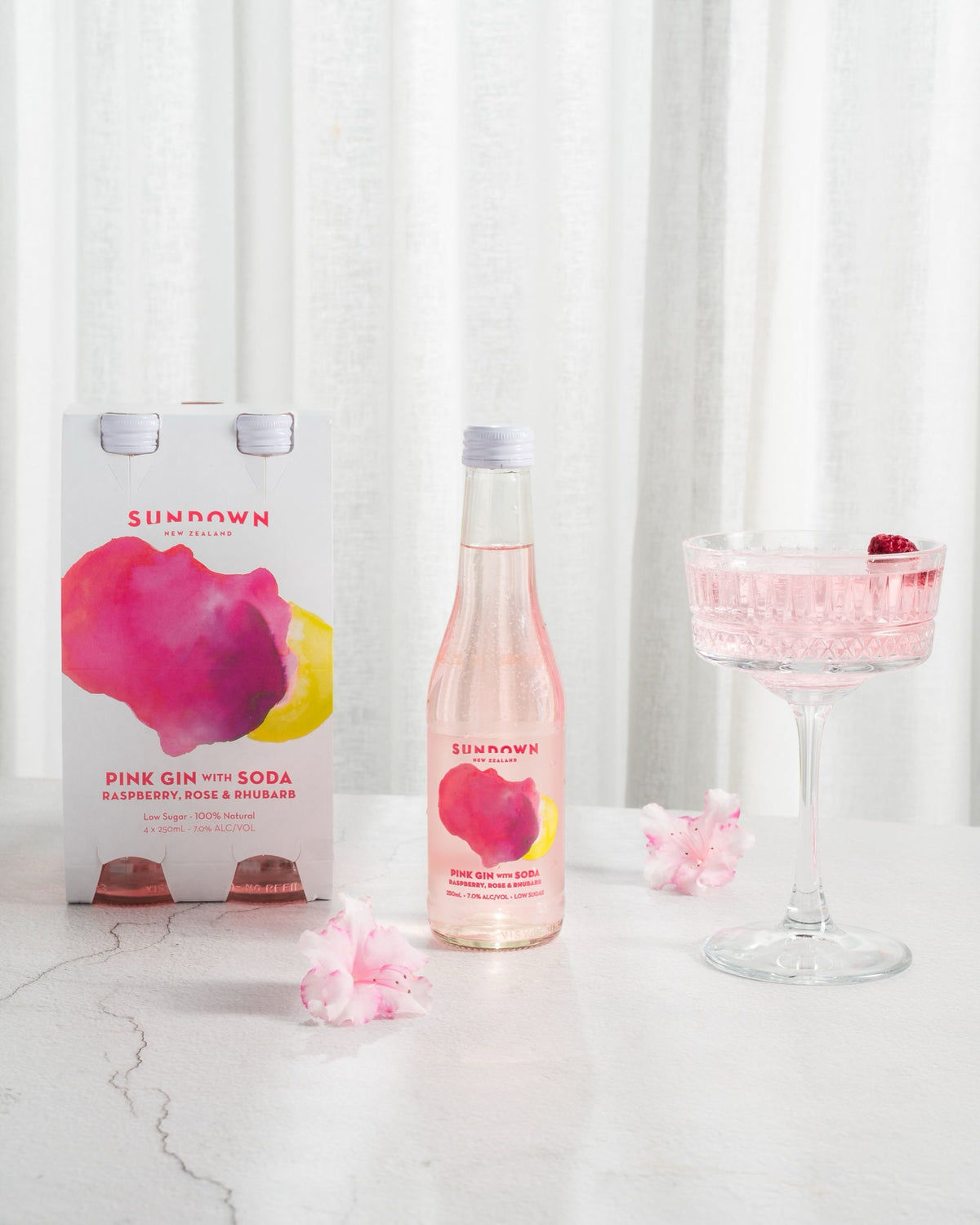 Sundown Pink Gin with Soda + Raspberry + Rose & Rhubarb — image 2 | Premium Liquor NZ
